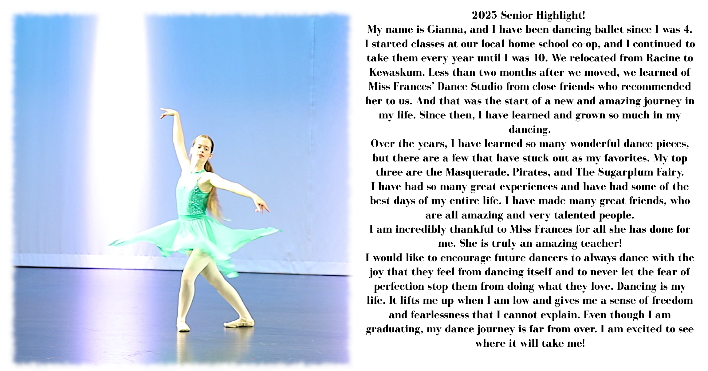 female high school student dancing with caption